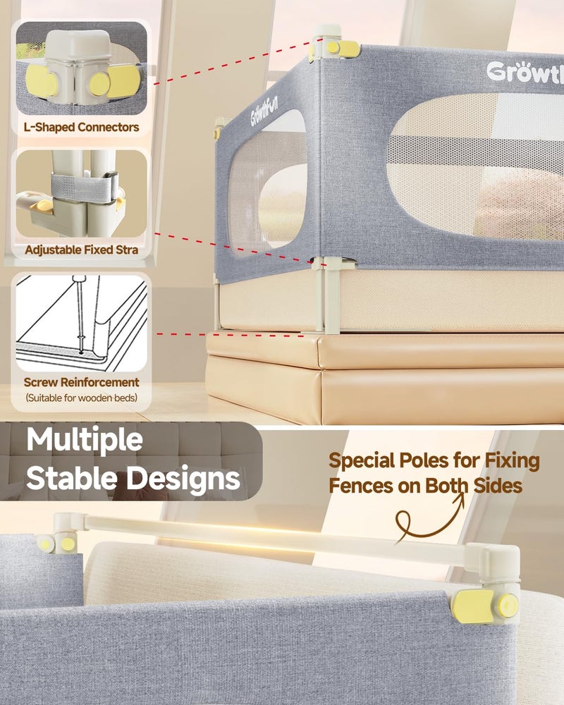 GrowthFun 3-Piece King Size Bed Rail for Toddlers, Baby Bed Rail Guard with Height Adjustable Toddlers Bed Rail, Kids Safety Bed Rail for King Size Bed (78.7"x78.7"x74.8" - Grey) - Image 5