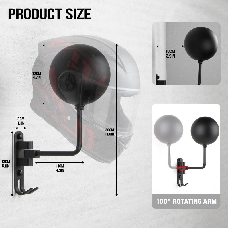 PUERSI Helmet Holder Wall Mount - 2 Pack 180Â° Rotation Helmet Hanger for Motorcycle Bike Racing Outerwear Sports Gear Display - Image 4