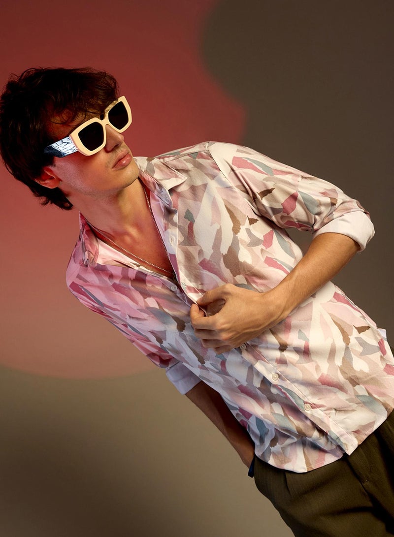 Campus Sutra Men's Nude Pink & Ivory White Petal Block Shirt - Image 1