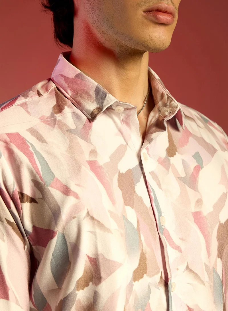 Campus Sutra Men's Nude Pink & Ivory White Petal Block Shirt