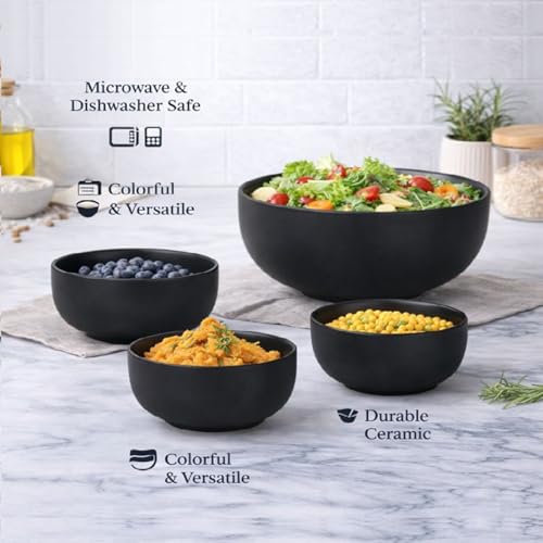 SEPARATE WAY Ceramic Serving Bowl, Mixing Bowl, Cereal Bowl, Soup Bowl, Hand Painted 4 Different Size Bowl. (1000ML, 750Ml, 500Ml, 300Ml) (Black) - Image 4