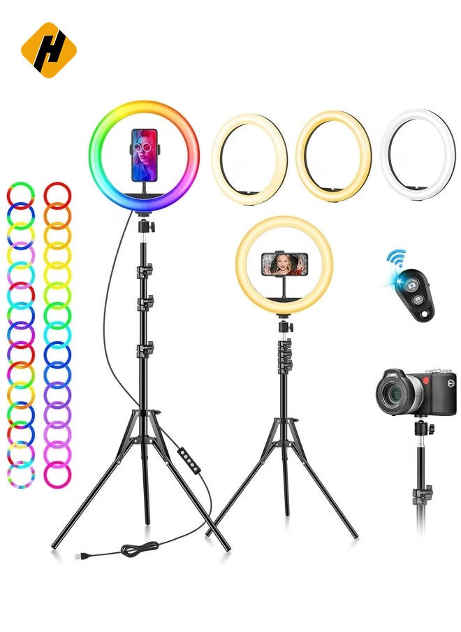 HuHa Ring Light with Tripod Stand & Phone Holder - 10 inch Selfie LED Ringlight Dimmable Desktop Lamp 40 Colors RGB Tall Circle Light for Camera Makeup Video YouTube  - Image 1