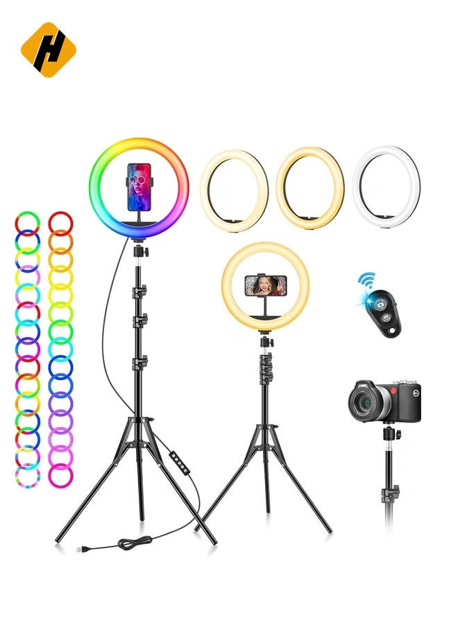 HuHa Ring Light with Tripod Stand & Phone Holder - 10 inch Selfie LED Ringlight Dimmable Desktop Lamp 40 Colors RGB Tall Circle Light for Camera Makeup Video YouTube  - Image 4