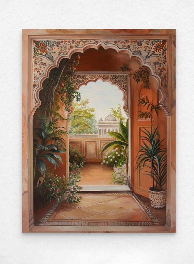 Art Decor Art Decor Mughal Painting of Indian Palace with Floral Courtyard Wall Art Modern Art Framed Fine Art Traditional Design for Living Room Bedroom Office Home Gifting  - Image 3