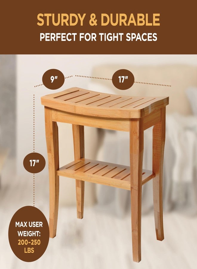 Bambüsi Bamboo Shower Bench - Small Wooden Shower Stool with Storage Shelf, Non-Slip Bathroom Seat, Spa Decor Bath Bench, Foot Rest Shaving Stool for Shower, Indoor Outdoor Use, Great Gift Idea (17" x 9 x 17) - Image 3