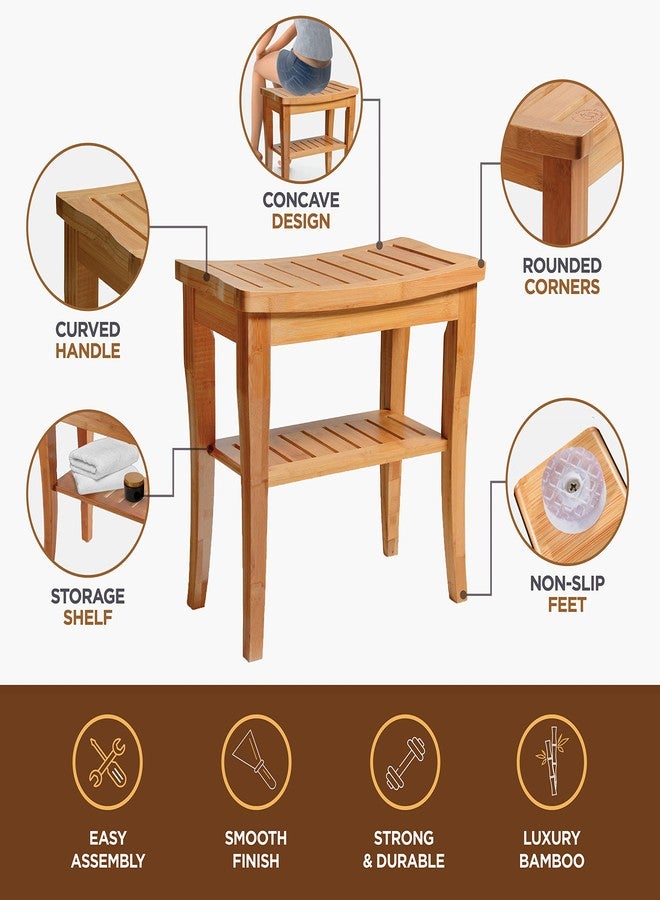 Bambüsi Bamboo Shower Bench - Small Wooden Shower Stool with Storage Shelf, Non-Slip Bathroom Seat, Spa Decor Bath Bench, Foot Rest Shaving Stool for Shower, Indoor Outdoor Use, Great Gift Idea (17" x 9 x 17) - Image 4