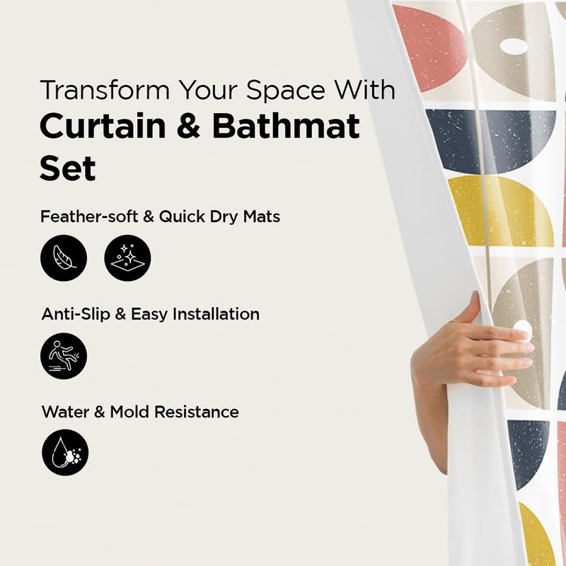 Kuber Industries Shower Curtain & Bathmat Set | Non-Slip Bath mats for Bathroom | Easy-Slide Curtains | Polyester Curtain or Bathmat for Bath D?cor | XTL359-3T | 3 Pcs Set | Multicolor - Image 2