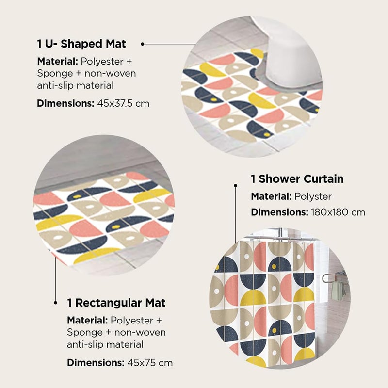 Kuber Industries Shower Curtain & Bathmat Set | Non-Slip Bath mats for Bathroom | Easy-Slide Curtains | Polyester Curtain or Bathmat for Bath D?cor | XTL359-3T | 3 Pcs Set | Multicolor - Image 3