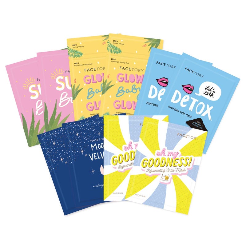 FACETORY Collection Facial Mask Set  Hydrating Purifying Soothing Moisturizing and Revitalizing  Soft FormFitting Face Masks For All Skin Types  No Sulfates No Parabens 10 pc