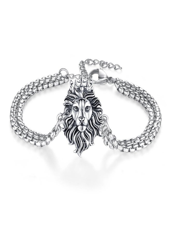 Cuoka Lion Bracelets 925 Sterling Silver Punk Rock Gothic Punk Norse Vintage Viking Oxidized Lion Head Bracelet Norse Viking Wristband Heavy Jewelery for Women Men Girlfriend Mom (Round) - Image 1