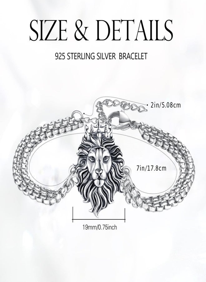 Cuoka Lion Bracelets 925 Sterling Silver Punk Rock Gothic Punk Norse Vintage Viking Oxidized Lion Head Bracelet Norse Viking Wristband Heavy Jewelery for Women Men Girlfriend Mom (Round) - Image 2