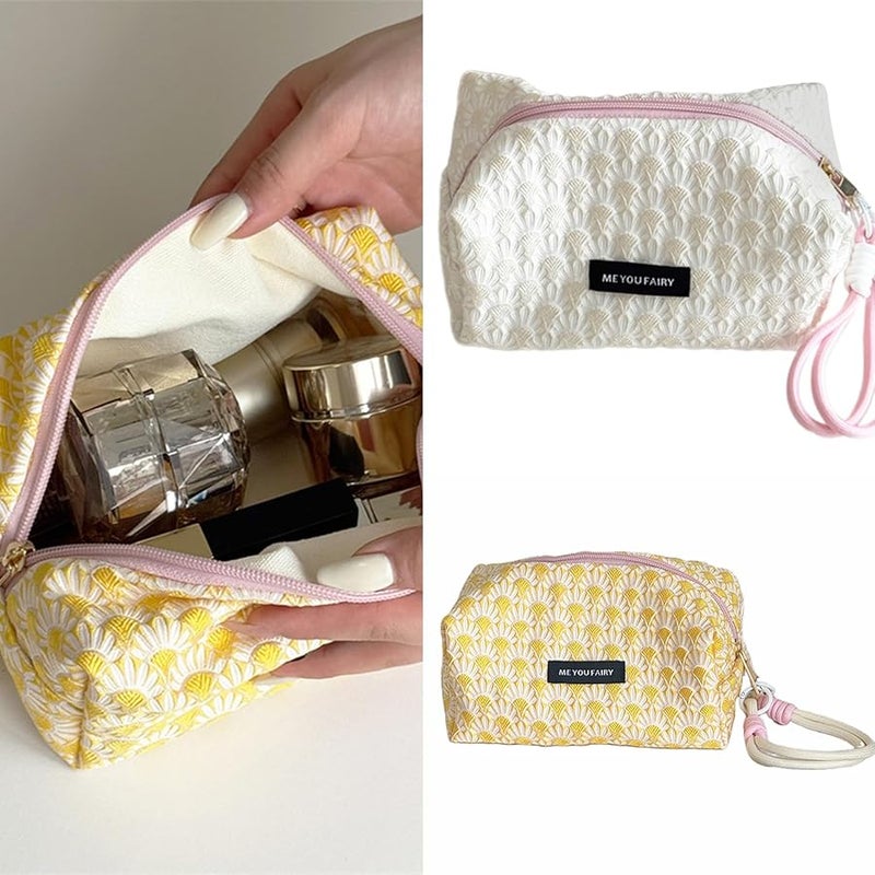 Beige Floral Makeup Bag Large Capacity Travel Cosmetic Organizer Toiletry Case Women Girls - Image 2