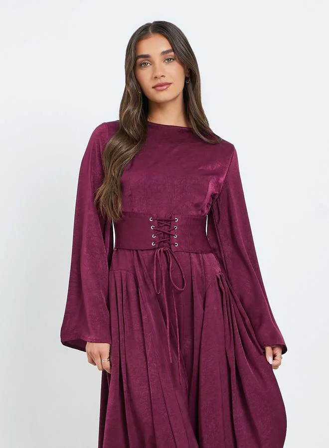 Styli Women Burgundy Long Sleeves A-Line Midi Dress