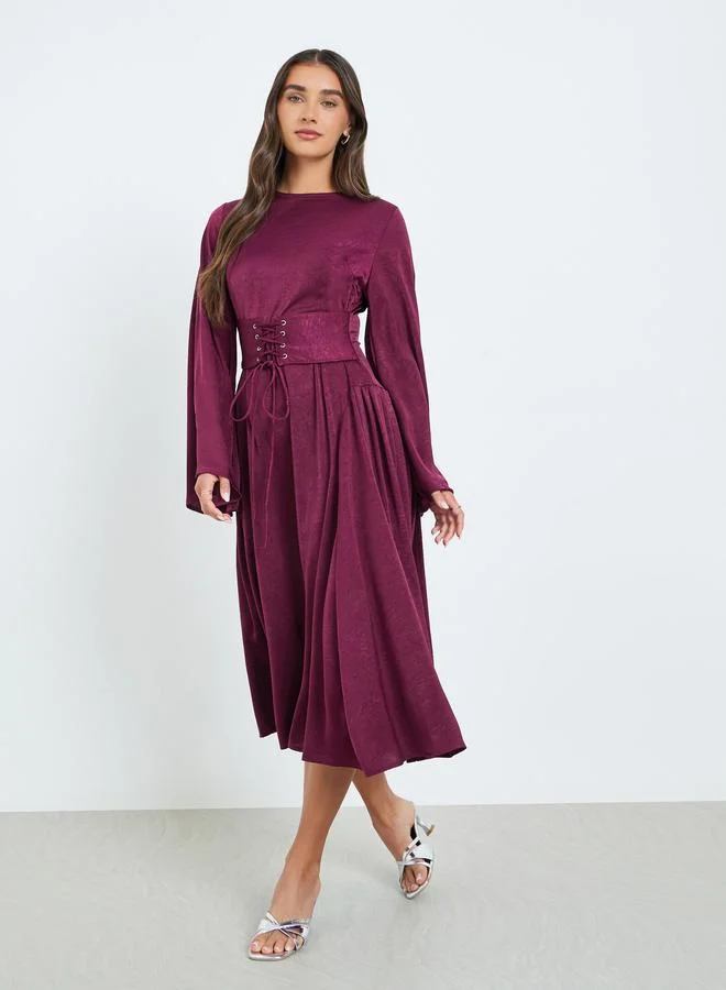 Styli Women Burgundy Long Sleeves A-Line Midi Dress