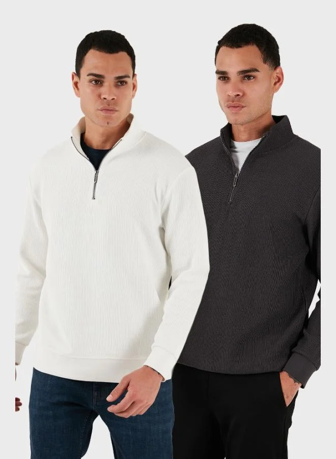 بوراتي بلوزات قطنية رجالية بياقة واقف وسحاب نصفي عبوة من قطعتين