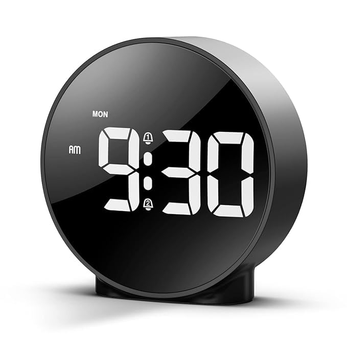 RELEMTRA Digital Round Clock with Voice and Touch Activated 2 Separate Alarms Snooze Week 4 Adjustable Brightness USBBattery Powered Desk Clocks for Home Office Black
