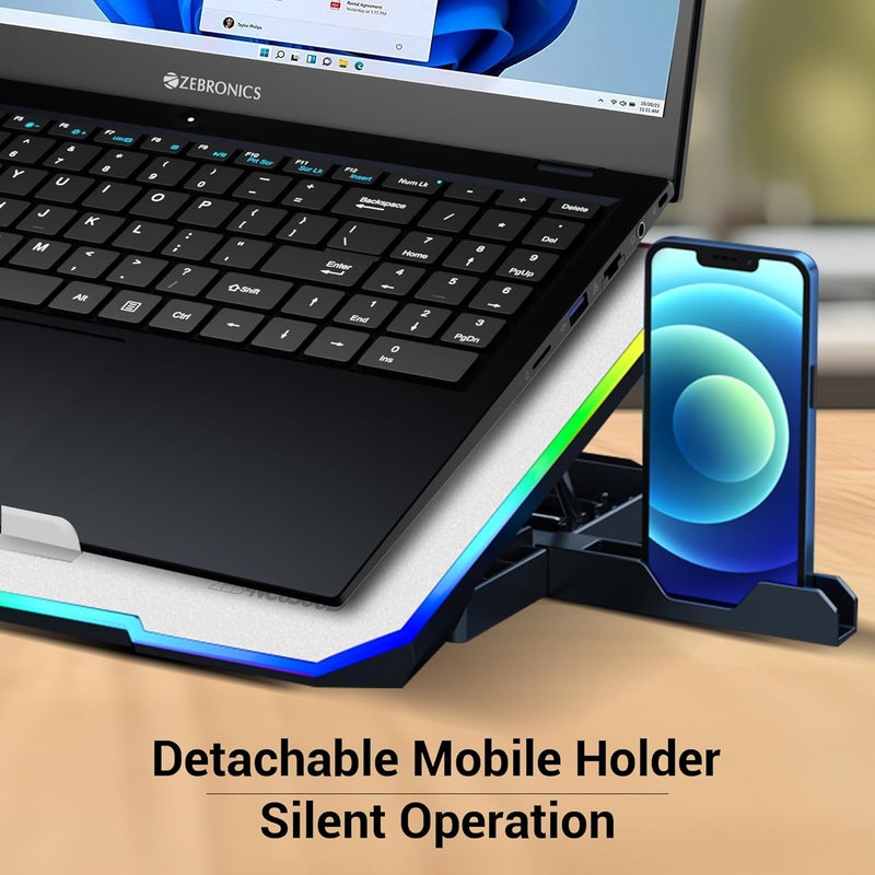 ZEBRONICS وسادة تبريد لابتوب NC6500D تدعم حتى 17 بوصة (43.18 سم) لابتوبات، مراوح سداسية، تحكم في السرعة، إضاءة RGB LED، حامل موبايل قابل للفصل، قاعدة قابلة للسحب بخمسة مستويات، منافذ USB مدمجة (فضي) - Image 4
