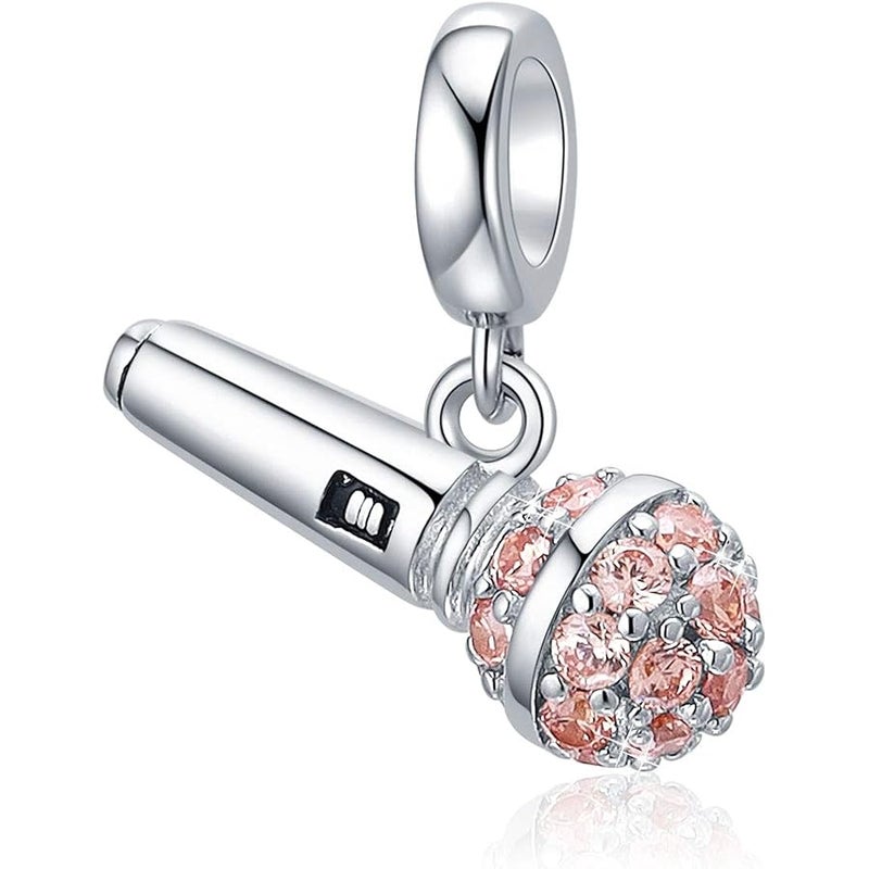 سو كيس I Love Music Microphone Voice Charms 925 Sterling Silver Champagne Crystal Pendants fit Pandora Bracelet Necklace - Image 1