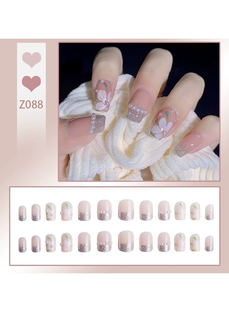 Goolsky French Pearl Camellia Press On Nails Short Square Pure Style Glitter Fake Nail Tips  - Image 1