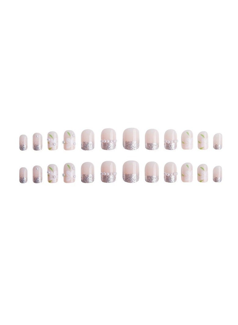 Goolsky French Pearl Camellia Press On Nails Short Square Pure Style Glitter Fake Nail Tips  - Image 2