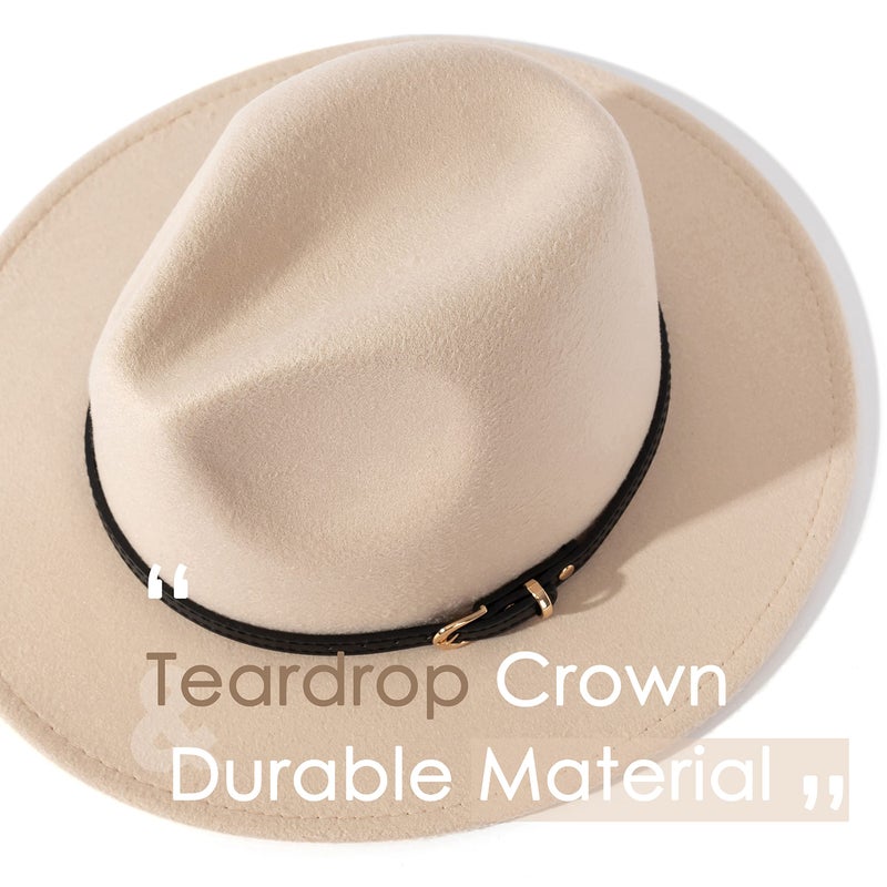 Lisianthus Women Classic Felt Fedora Wide Brim Hat with Belt Buckle Black Belt-Creamy - Image 2