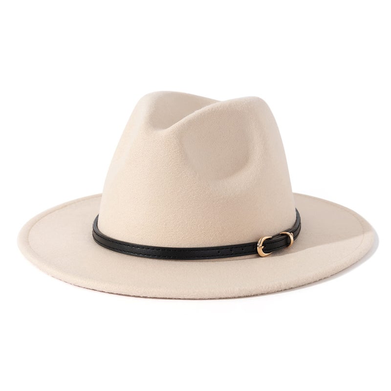 Lisianthus Women Classic Felt Fedora Wide Brim Hat with Belt Buckle Black Belt-Creamy - Image 1