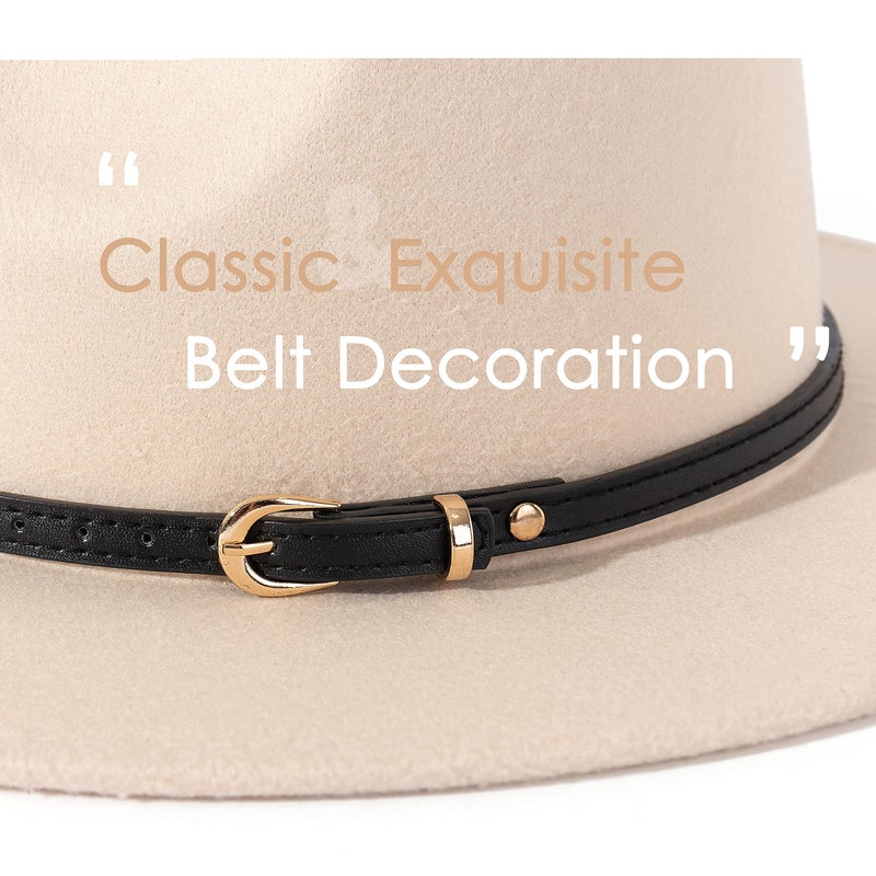 Lisianthus Women Classic Felt Fedora Wide Brim Hat with Belt Buckle Black Belt-Creamy - Image 3