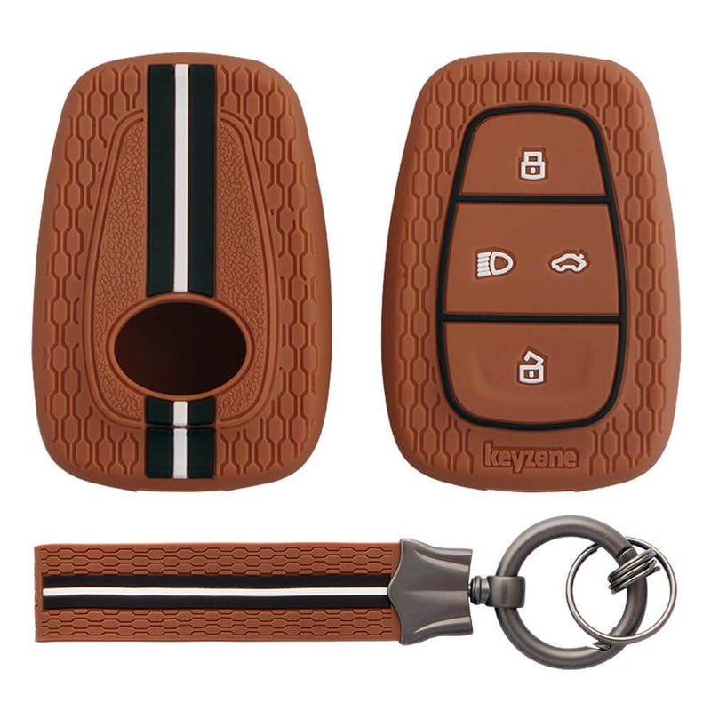 keyzone Striped Silicone Key Cover & Keychain Compatible forPunch EV,Altroz,Nexon EV,Punch,Tigor EV,Safari,Tiago EV,Nexon,Harrier,Tiago,Tigor 4 Button Smart Key(Brown with Brown Striped KH) - Image 1