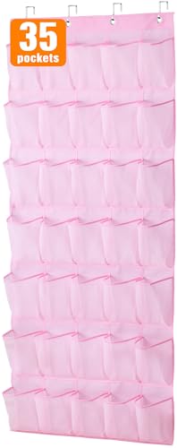 MISSLO 35 Pockets Kids Shoe Organizer for Baby sturdy Oxford Toddler Shoe Rack for Closet Cute Over the Door Shoe Storage Hanging Pink Girl Room Decor - Image 1