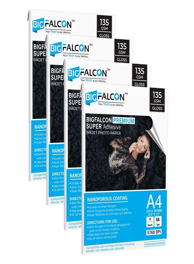 BIGFALCON Premium 135 GSM Super Self-Adhesive High Glossy Inkjet Sticker Photo Paper A4 (210x297mm) -80 Sheets - Image 1