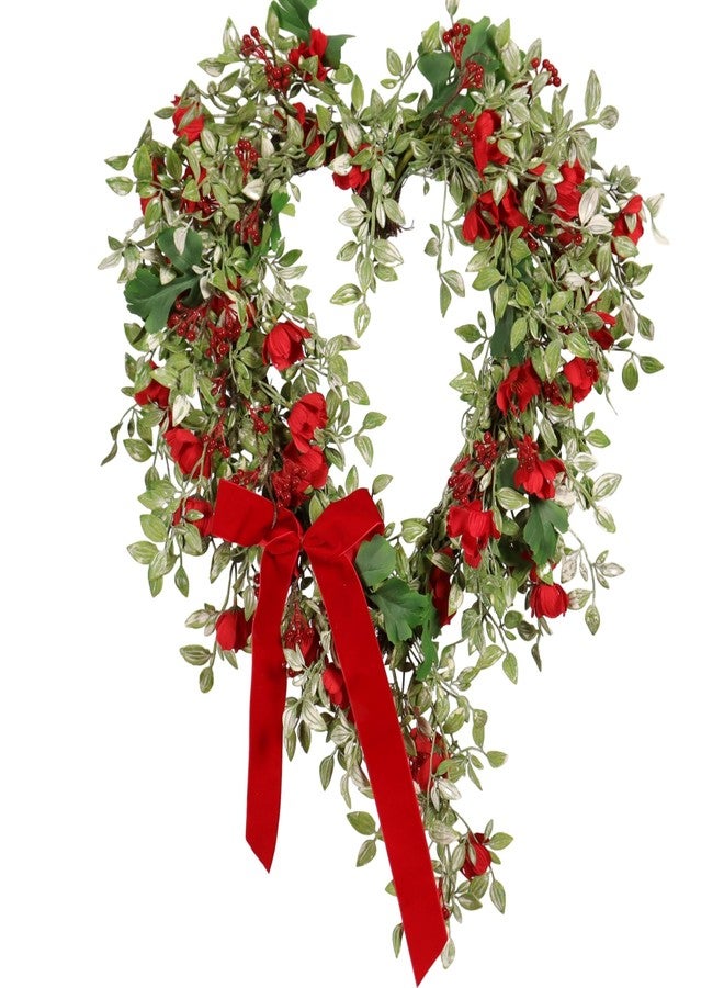 Quixem Spring Heart Wreath - 22IN, Green Wreath with Red Berry Velvet Bow, Romantic Spring Door Decor for Mother's Day, Weddings, Wall, and Farmhouse Home Décor - Image 2