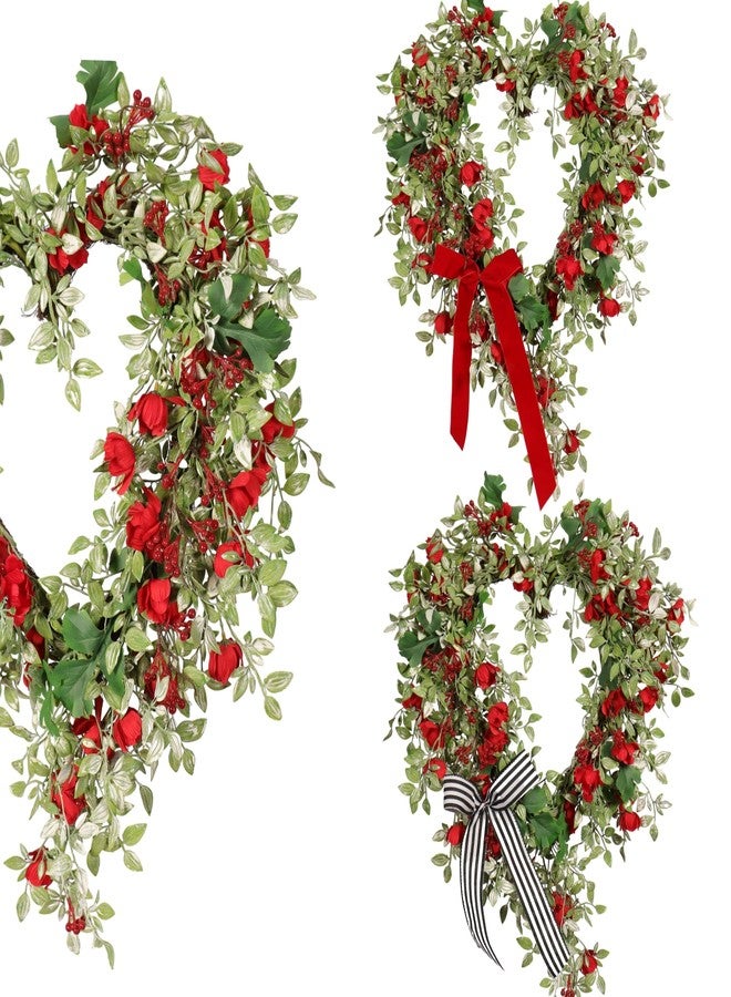 Quixem Spring Heart Wreath - 22IN, Green Wreath with Red Berry Velvet Bow, Romantic Spring Door Decor for Mother's Day, Weddings, Wall, and Farmhouse Home Décor - Image 1