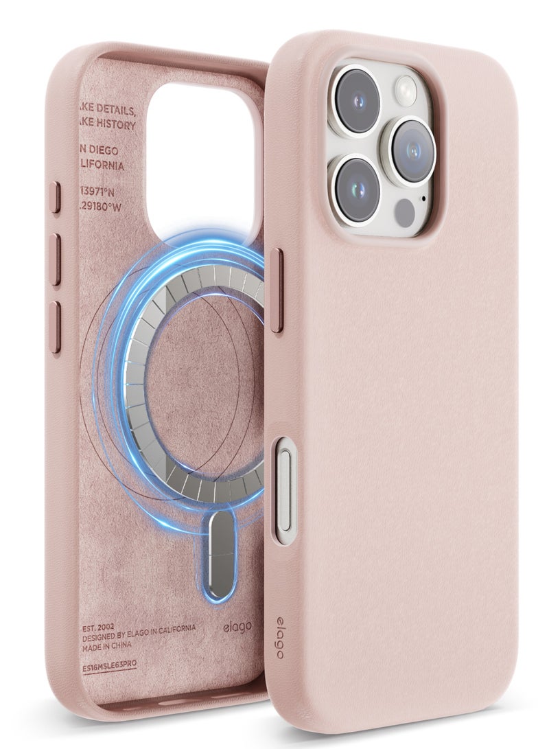 Elago Magnetic Leather Case for iPhone 16 PRO Compatible with MagSafe, Vegan Leather, Shockproof, Water-Resistant - Lovely Pink