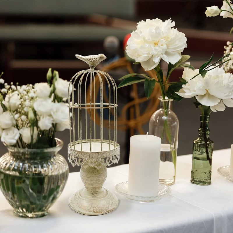 Zalaxt Retro Shabby Candle Holder, Bird Cage Decor,Decorative Birdcage Candle Holder Vintage Metal Candlestick for Wedding,Party Vintage Gothic Decor,Victoriana Decor,Home Decor White 11.8 Inch - Image 1