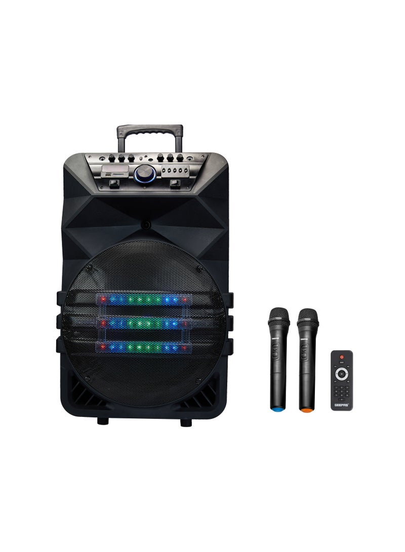 GEEPAS Rechargeable Professional Trolley Speaker 60000W PMPO With 15" Woofer, Two Wireless Microphones and a Remote Control,  Bluetooth, TWS Function and FM Radio, Recording Function, LED Display  - Image 1