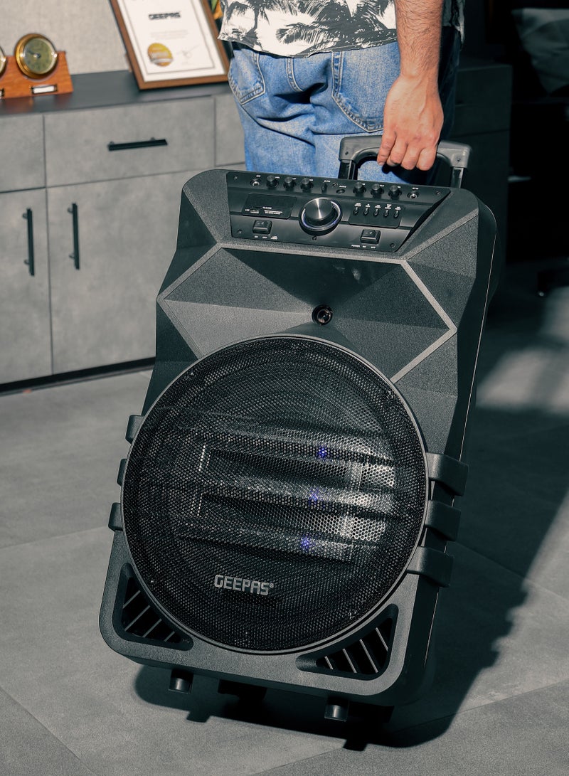 GEEPAS Rechargeable Professional Trolley Speaker 60000W PMPO With 15" Woofer, Two Wireless Microphones and a Remote Control,  Bluetooth, TWS Function and FM Radio, Recording Function, LED Display  - Image 4