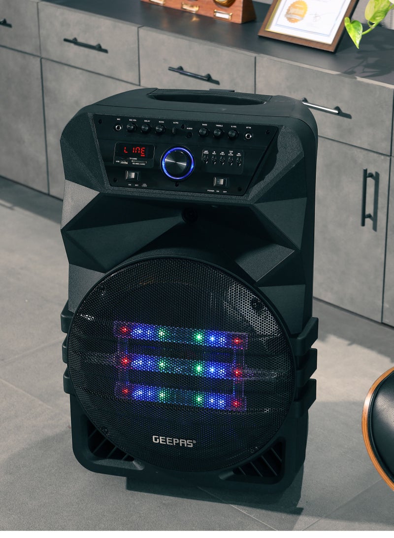 GEEPAS Rechargeable Professional Trolley Speaker 60000W PMPO With 15" Woofer, Two Wireless Microphones and a Remote Control,  Bluetooth, TWS Function and FM Radio, Recording Function, LED Display  - Image 5