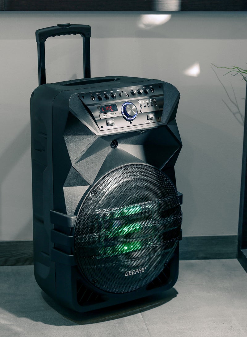 GEEPAS Rechargeable Professional Trolley Speaker 60000W PMPO With 15" Woofer, Two Wireless Microphones and a Remote Control,  Bluetooth, TWS Function and FM Radio, Recording Function, LED Display  - Image 2