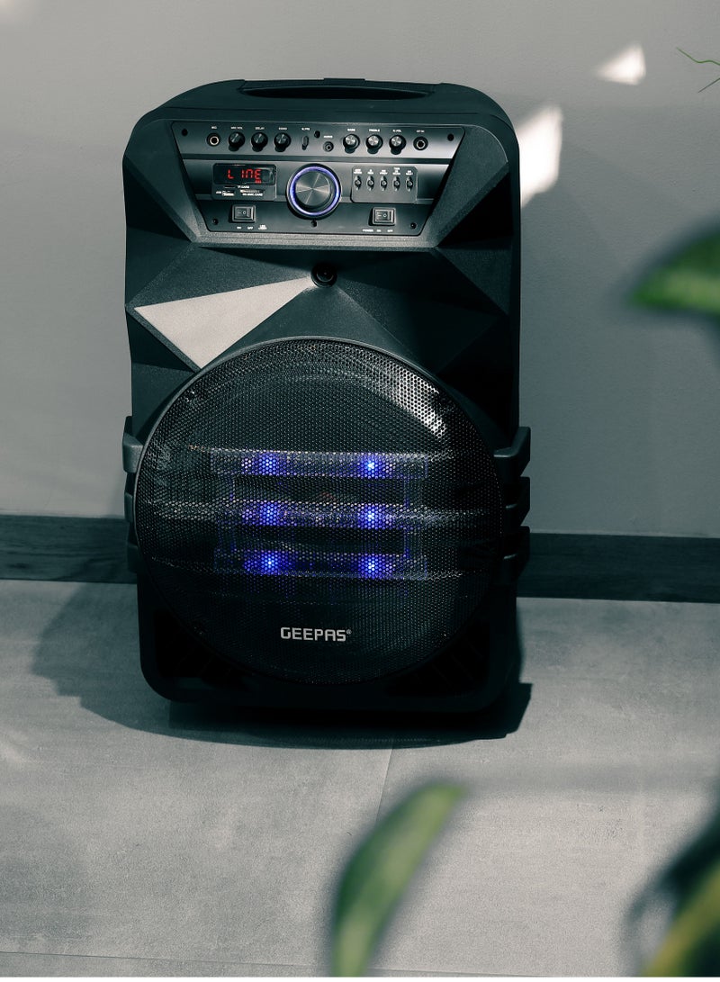 GEEPAS Rechargeable Professional Trolley Speaker 60000W PMPO With 15" Woofer, Two Wireless Microphones and a Remote Control,  Bluetooth, TWS Function and FM Radio, Recording Function, LED Display  - Image 3
