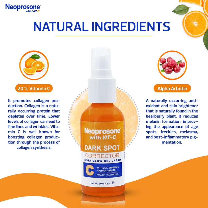 NEOPROSONE Vit C Dark Spot Corrector Gel Cream - 60 ml / 2 fl oz - Skin Brightening Gel to Remove Dark Spots and Restores Even Skin Tone - Anti Aging, Moisturizing Cream for Face, Elbows, Knees, Body - Image 2