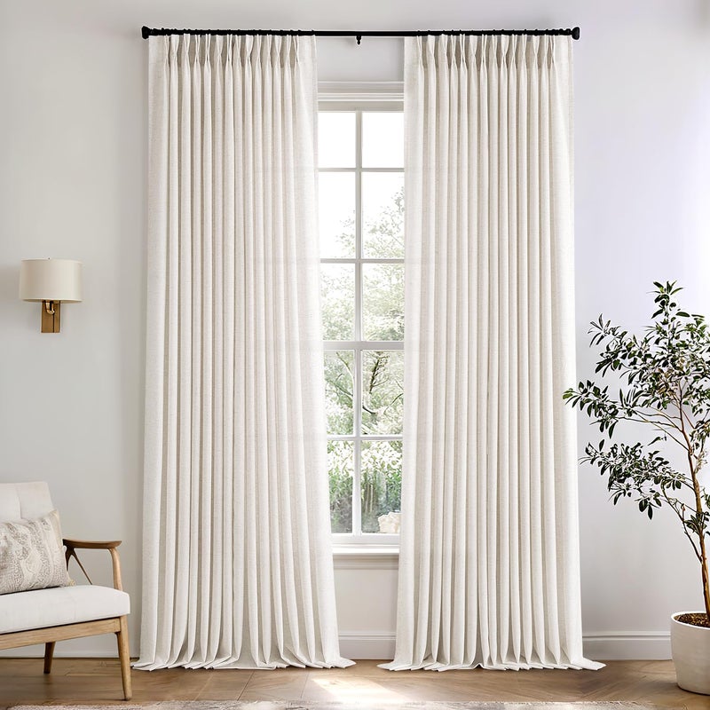 ANRODUO Natural Memory Trained Pinch Pleated Curtains Drapes, Thick Linen Blend Privacy Light Filtering Window Curtains, Linen Textured Pleated Curtain with Hooks&Clips, Triple Pleat Memory Shape Curtain - Image 1