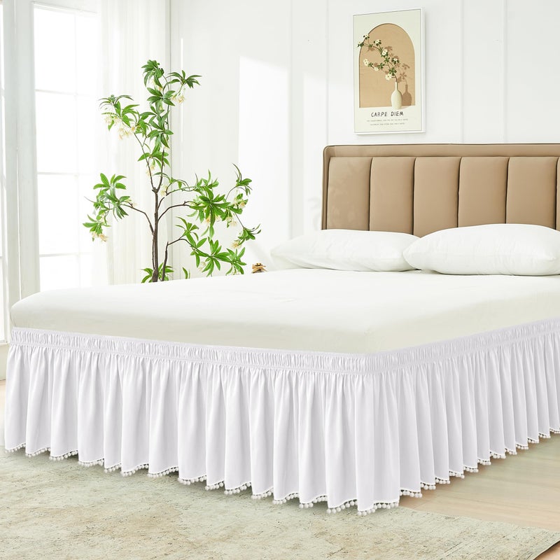 Biscaynebay Wrap Around Bed Skirts with Pompom for King Beds 15 Drop White Adjustable Elastic Dust Ruffles Easy Fit Wrinkle Fade Resistant Silky Luxurious Fabric Machine Washable - Image 2