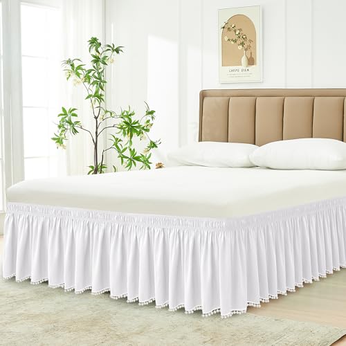 Biscaynebay Wrap Around Bed Skirts with Pompom for King Beds 15 Drop White Adjustable Elastic Dust Ruffles Easy Fit Wrinkle Fade Resistant Silky Luxurious Fabric Machine Washable - Image 1