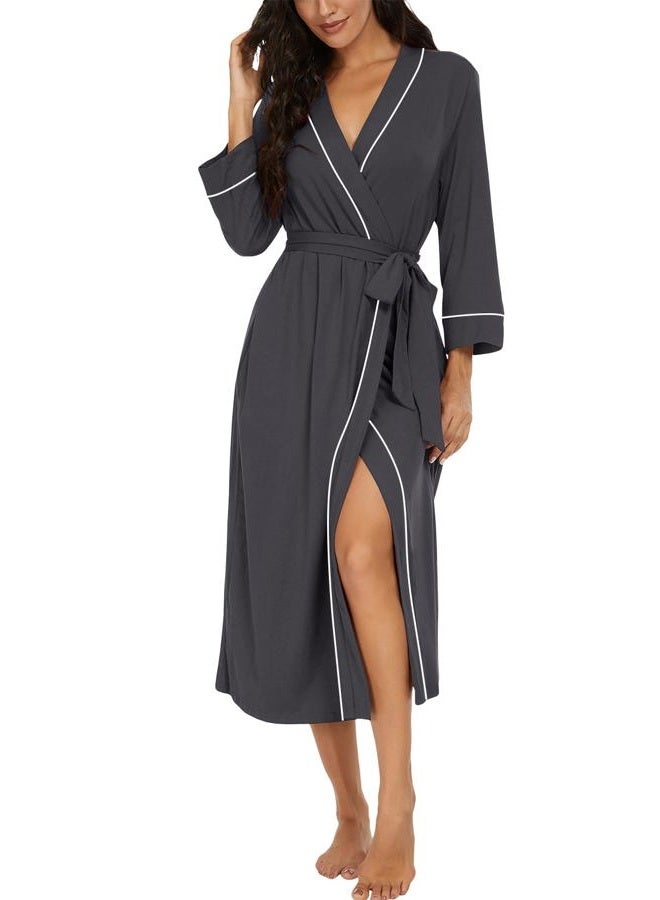 PrinStory Womens Robe Long Kint Bathrobe Lightweight Soft Robes Ladies Bath Robe Dark Gray-S - Image 1