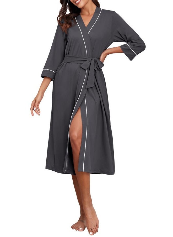PrinStory Womens Robe Long Kint Bathrobe Lightweight Soft Robes Ladies Bath Robe Dark Gray-S - Image 2