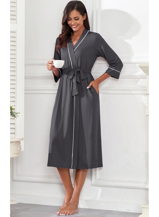 PrinStory Womens Robe Long Kint Bathrobe Lightweight Soft Robes Ladies Bath Robe Dark Gray-S - Image 3