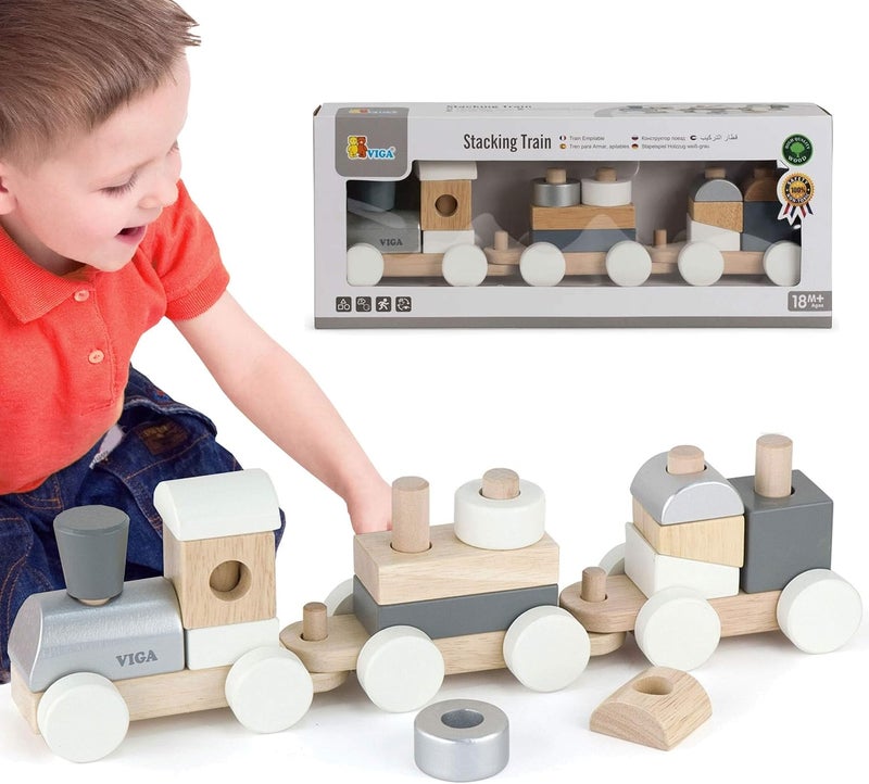 VIGA Stacking Train - Wooden Pull Along Train with Blocks for Educational Stacking and Sorting - Image 5