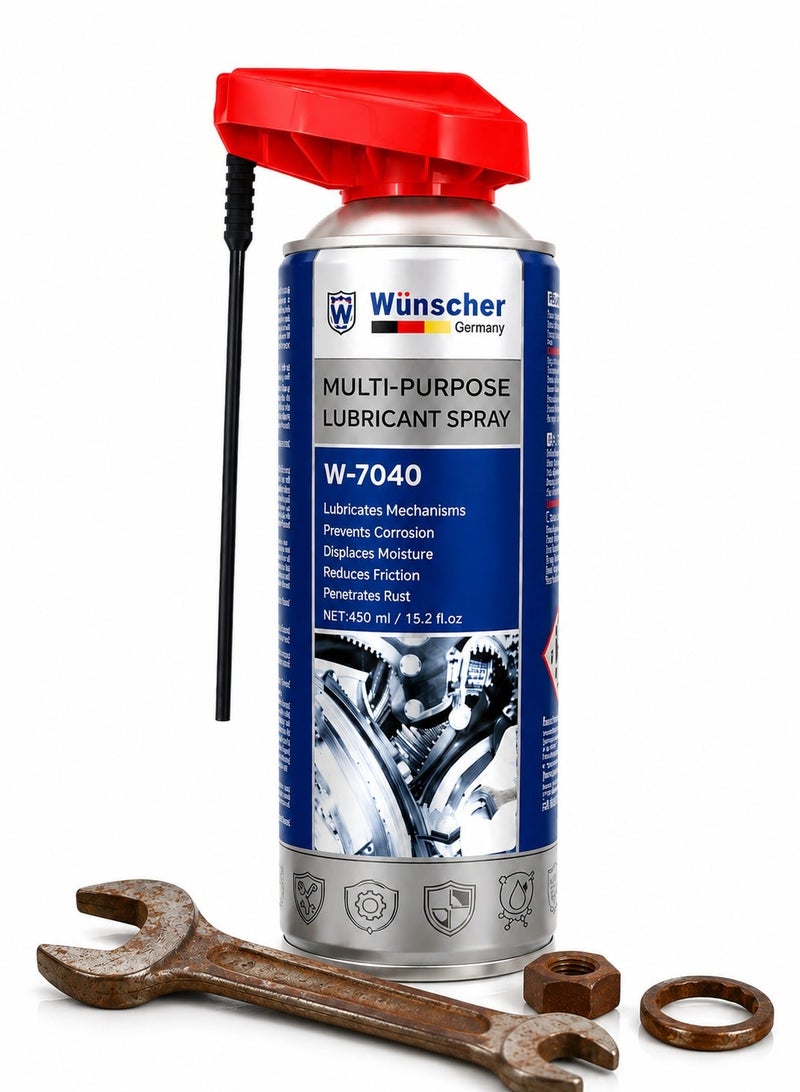 ونشر بخاخ "Wunscher W-7040" متعدد الأغراض (400 مل): مزلق ومضاد للصدأ، يزيل الصدأ، زيت متغلغل، يحمي من التآكل، يطرد الرطوبة، يوقف صرير الأجزاء المعدنية، وينظفها؛ بخاخ صيانة سريع المفعول مناسب للسيارات والدراجات والمنازل والمرائب والمعدات الصناعية. - Image 1