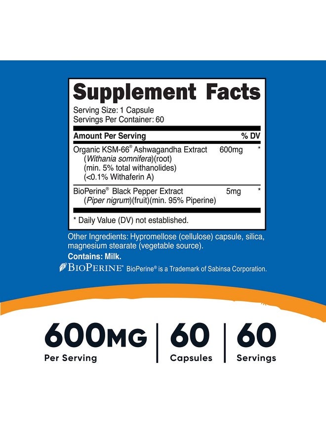 Nutricost - Nutricost KSM-66 Ashwagandha Root Extract 600mg, 60 Veggie Caps - 5% Withanolides - with BioPerine - Full-Spectrum Root Extract - Image 1