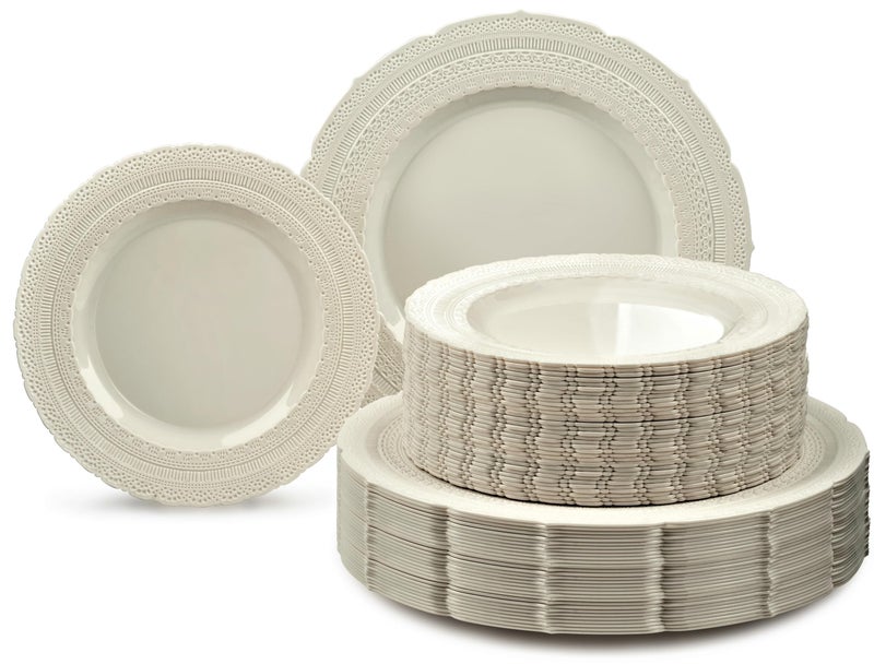 OCCASIONS FINEST PLASTIC TABLEWARE OCCASIONS  120 Plates Pack60 Guests Extra Heavyweight Vintage Wedding DisposableReusable Plastic Plates 60 x 11 Dinner  60 x 825 SaladDessert Plate Chateau Ivory 